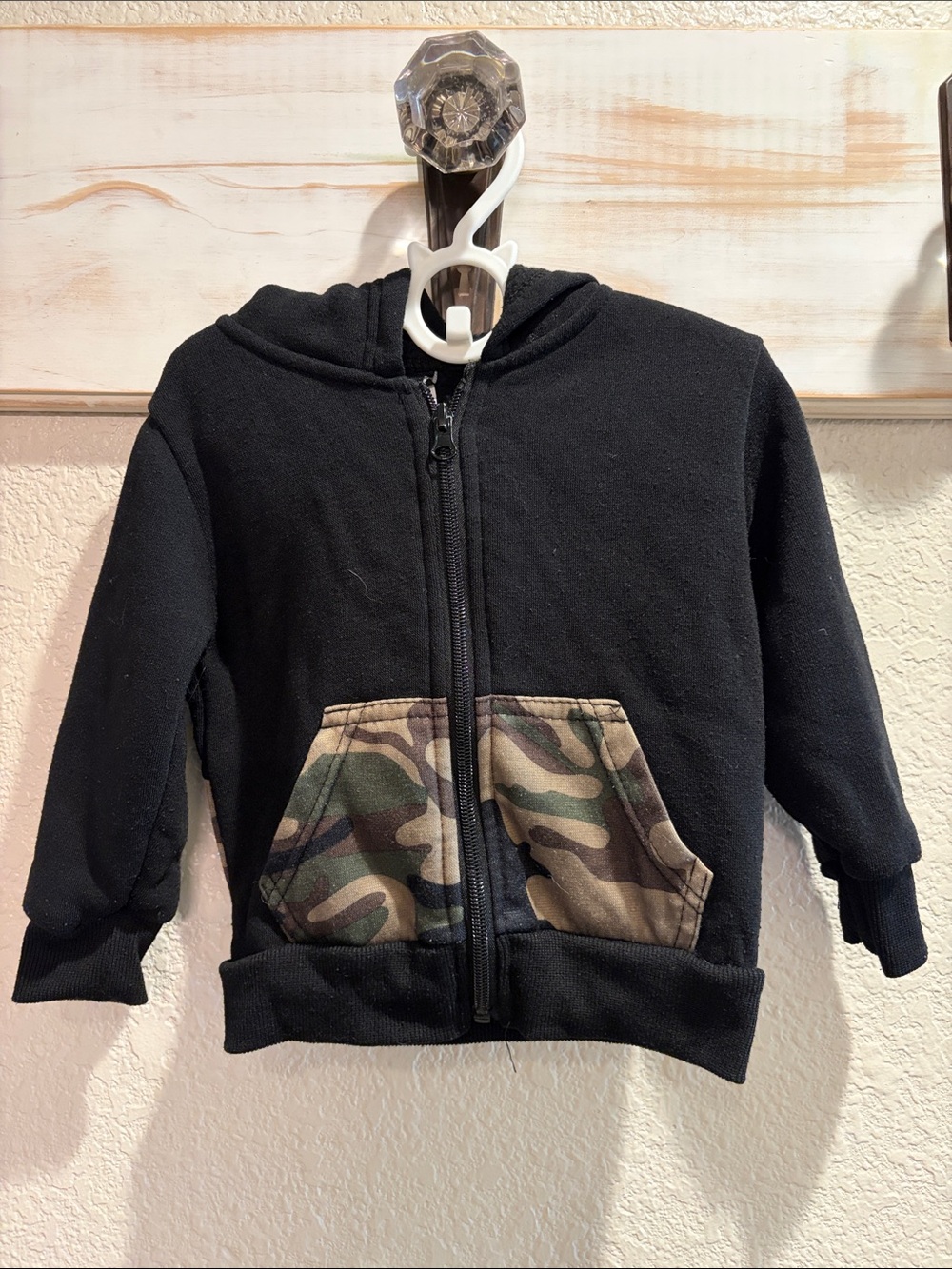 Kids Black Zip-Up Hoodie with Camo Pocket